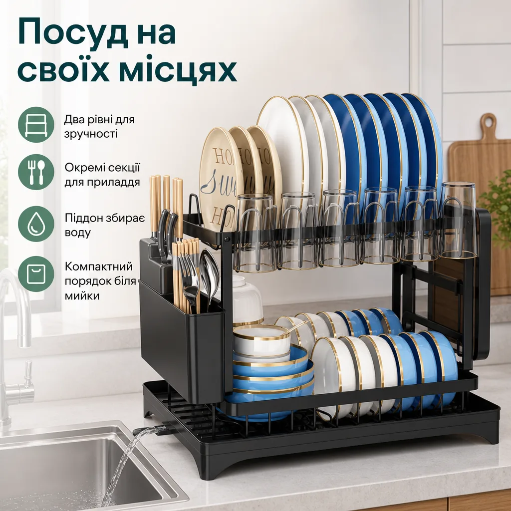 Дворівнева сушарка для посуду 6-в-1